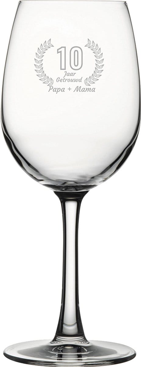 Gegraveerde witte wijnglas 36cl Papa + mama 10 jaar getrouwd