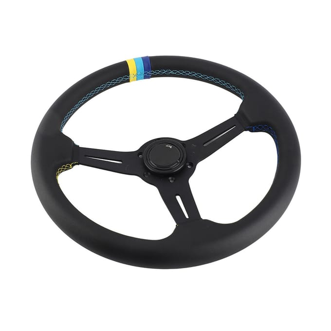 Volant de course noir en cuir 350mm 14 pouces 6 Trous Demi-plat avec Klaxon black