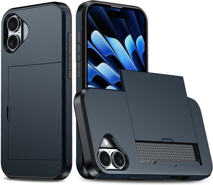 iPhone 16 Hybrid Hoesje | tpu + pc | ruimte voor 2 pasjes - Donkerblauw