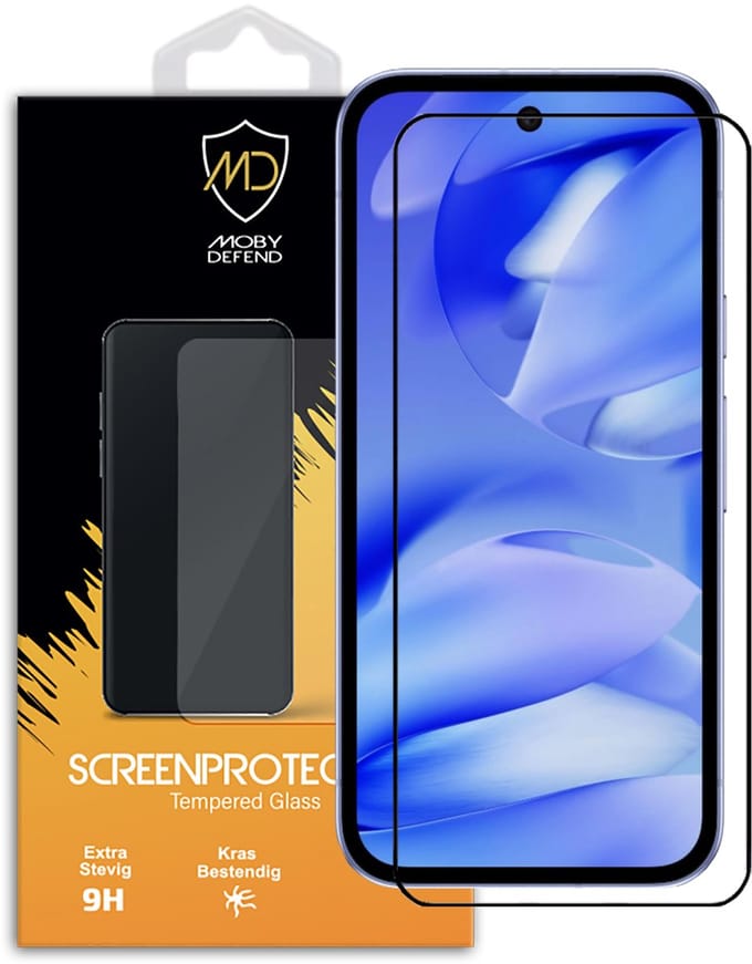 MobyDefend Screenprotector - Geschikt voor Google Pixel 9a - Screensaver Met Zwarte Randen - Gehard Glas