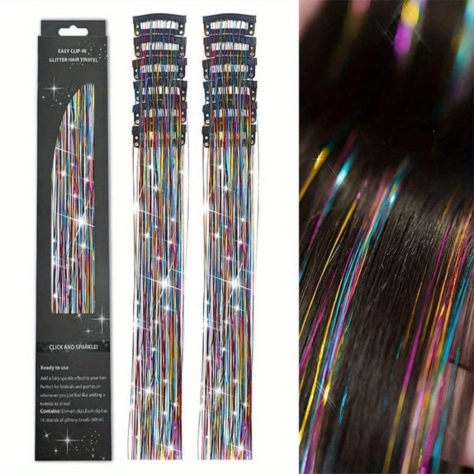 12 stuks/set Glanzende Draadjes Glitter Haar Tinsel Kit Meerkleurig Zijdeachtig Haar Glitter String Extensies Accessoires Voor Vrouwen Hoofddeksel 24inch veelkleurig