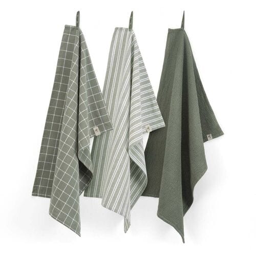 Walra Keuken- en Theedoekenset Dry with Cubes Uni, Stripes & Blocks Legergroen