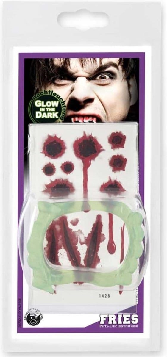 Vampier set - tanden met wond tattoo’s - glow in the dark