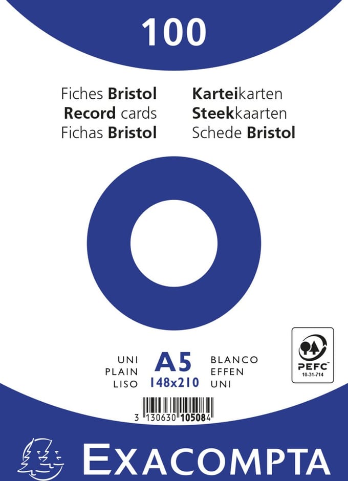 Exacompta 10x Pak 100 steekkaarten in folie - bristol effen niet geperforeerd - 148x210mm - Wit - 10508E