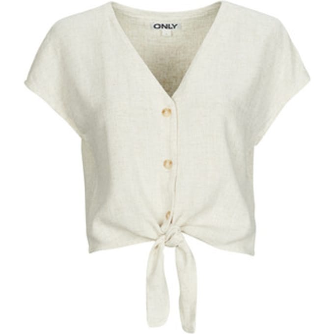 Only beige dames blouse   V-hals   Regular fit   Gemeleerd patroon   Knoopsluiting   Korte mouw Beige L