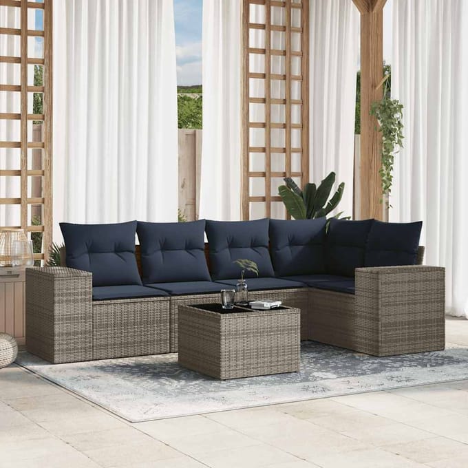 vidaXL - 6-delige - tuinbankset - met - kussens, - grijs - polyrotan