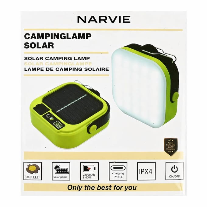 Narvie Solar Campinglamp – Oplaadbare LED Campinglantaarn – Solar & USB-C – 2400 mAh – IPX4 – Groen/Zwart