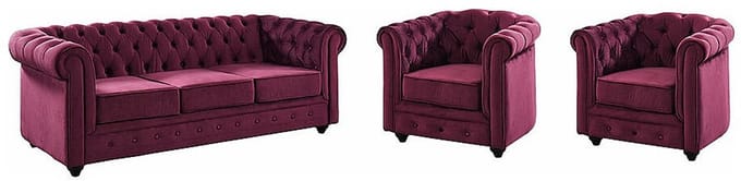 Vente-unique Driezitsbank en 2 fauteuils CHESTERFIELD - velours - paars