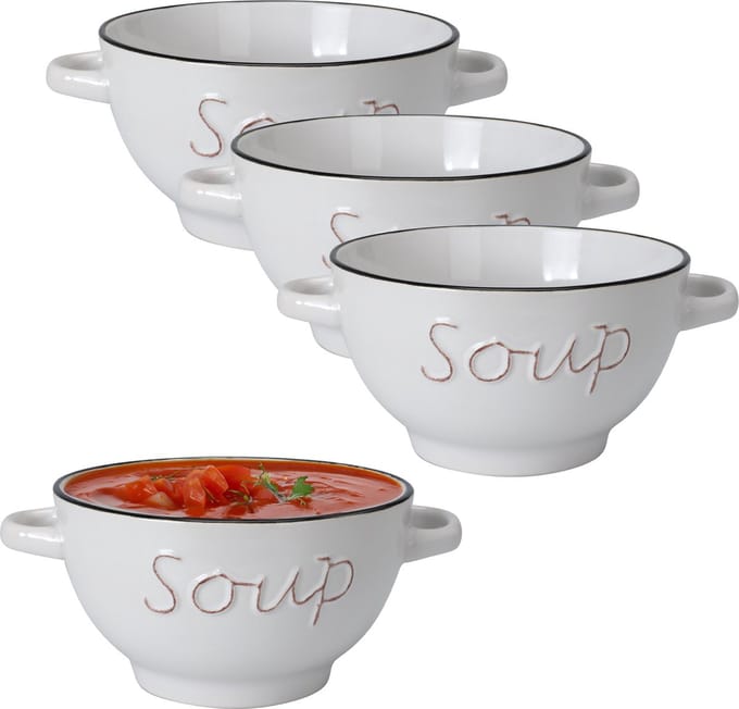 Excellent Houseware soepkom gres - 6x - wit - porselein - D14 cm - serveer/snackschaaltje