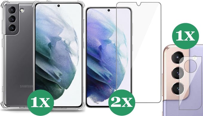 Hoesje geschikt voor Samsung Galaxy S21 Plus - 2x Screenprotector Glas & 1x Camera Screen Protector - Transparant Shock Case