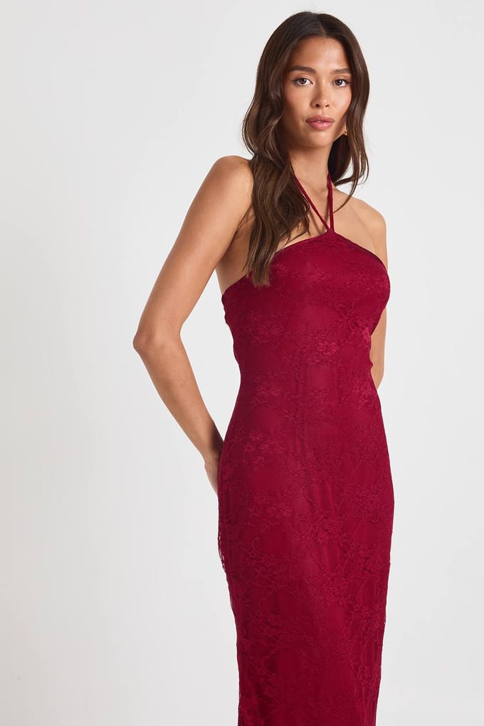 boohoo Dames Kanten halternek maxi-kolomjurk | Bordeaux Rood | Maat: 42