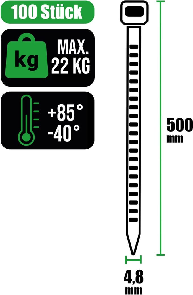 Kabelbinders 4,8 x 500 mm in wit