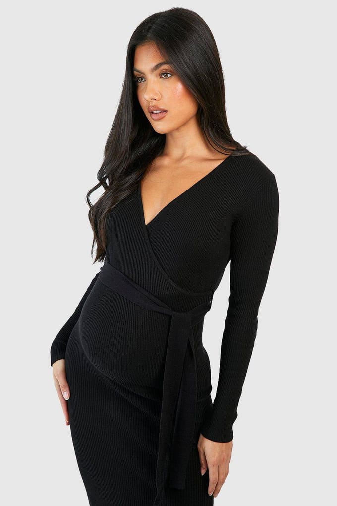 boohoo Dames Maternity Knitted Wrap Midi Dress | Zwart | Maat: 44
