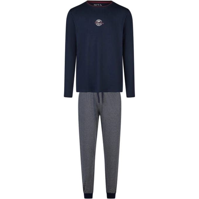 Phil & Co Heren Winter Pyjama Set Lang Donkerblauw/Grijs Gestreept - Maat L