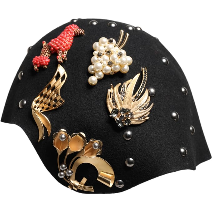 Zwarte Wol Multicolor Versierde Cloche Hoed