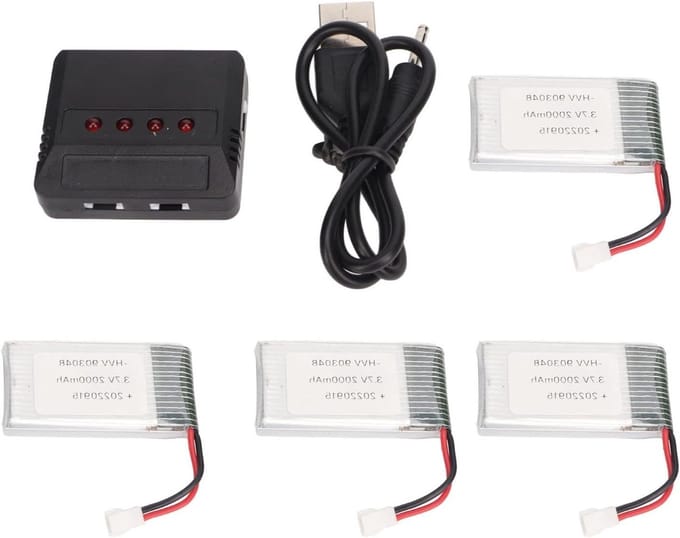 Set van 4 oplaadbare 3.7V lithiumbatterijen met oplader voor RC quadcopters en drones, 2000mAh capaciteit