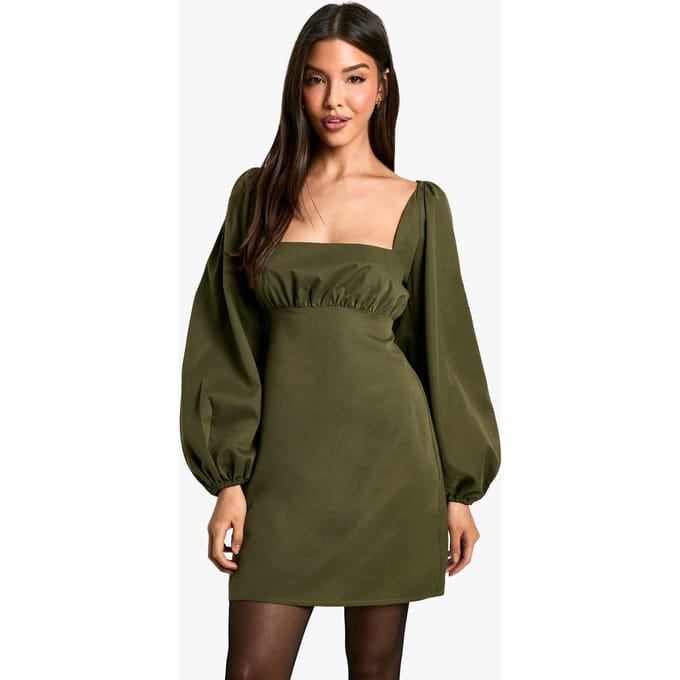 boohoo Dames Long Sleeve Puff Sleeve Mini Dress | Kaki | Maat: 36