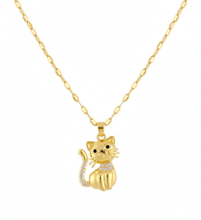 Goudkleurige ketting voor dames met kat hanger en strass