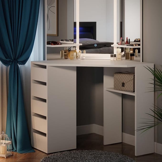 Witte Hoek Kaptafel met LED Spiegel en Veel Opbergruimte