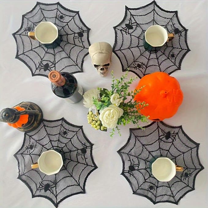 1 stuks Halloween Spinnenweb Maaltijdmat Diameter 30cm Zwart Kant Maaltijdmat gray