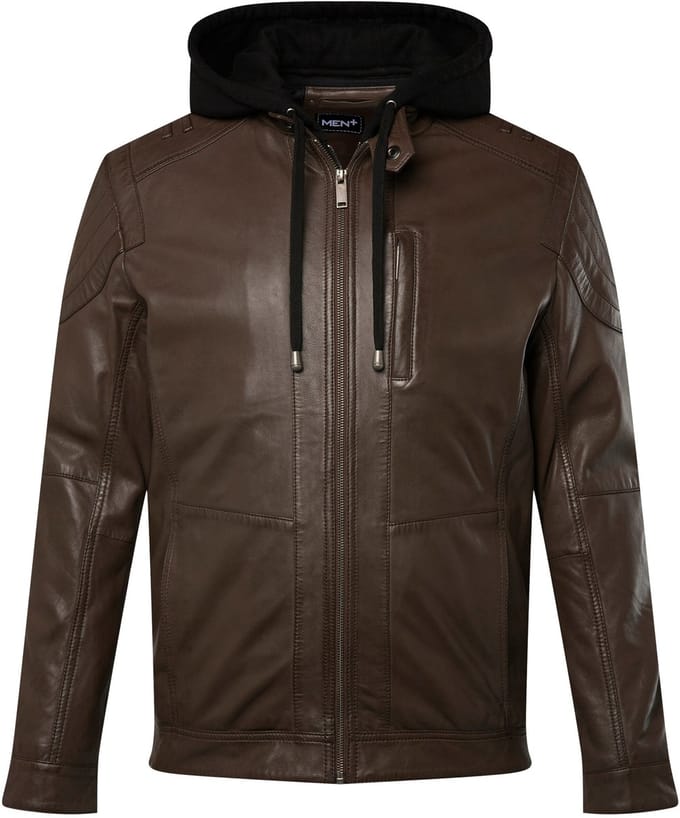 Men Plus - Heren - Leren jack leer jersey-capuchon rits - Hazelnoot - Maat L