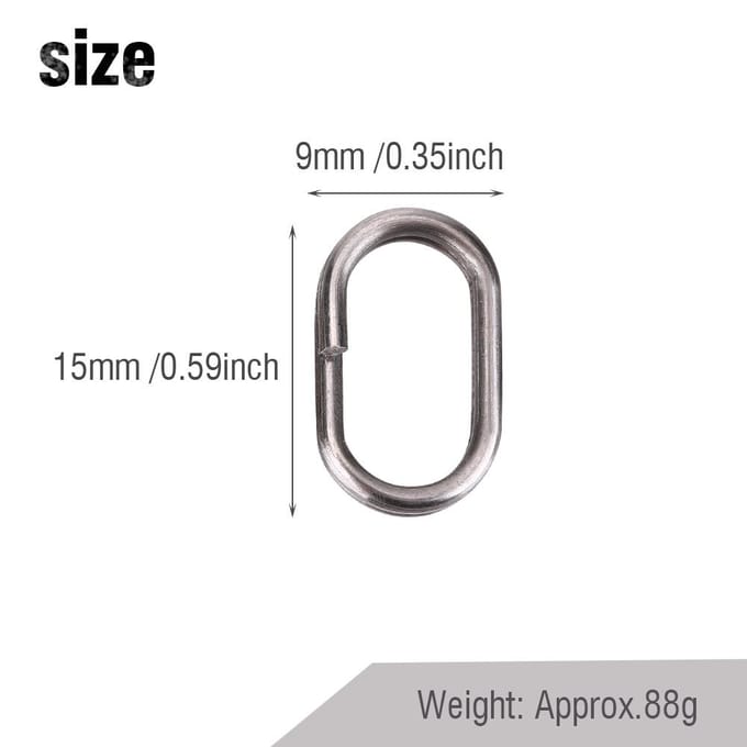 100 stuks roestvrijstalen ovale splitringen wartel snap visgerei connector(9x15mm)