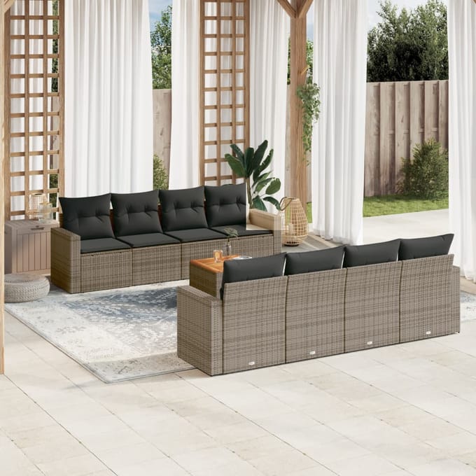 vidaXL - 9-delige - Loungeset - met - kussens - poly - rattan - grijs