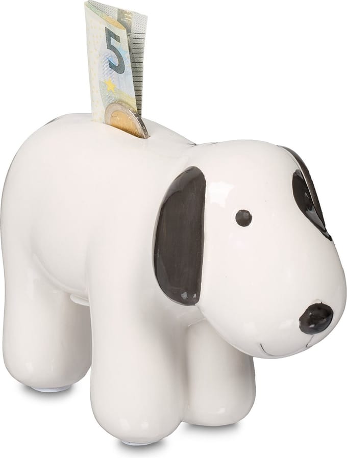 spaarpot hond - keramiek - 12 x 21 x 9 cm - met opening - zwart-wit