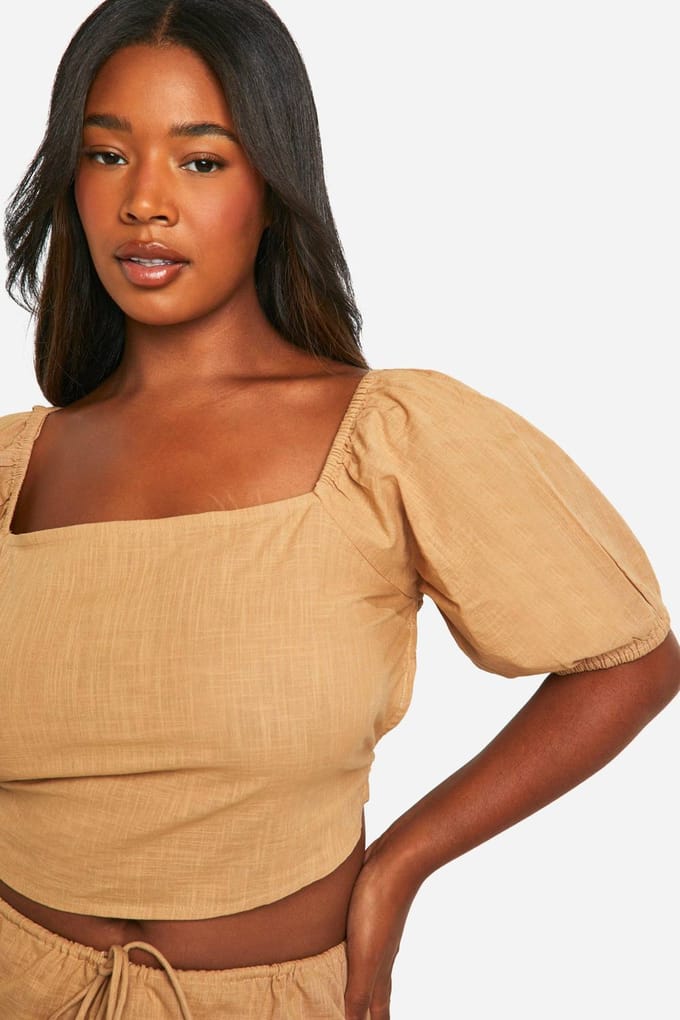 boohoo Dames Plus Tie Back Detail Melkmeidentop | Steen | Maat: 56
