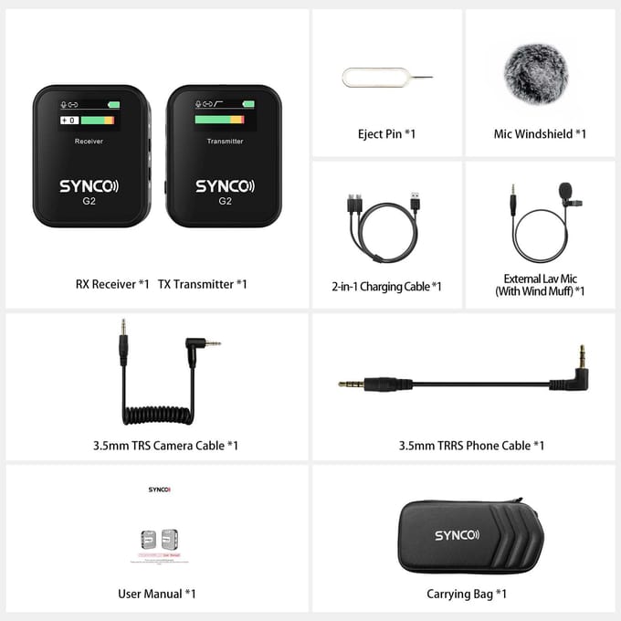 SYNCO G2(A1) 1-Trigger-1 2.4G Draadloos Microfoonsysteem met 1 Ontvanger + 1 Zender + 1 zwart