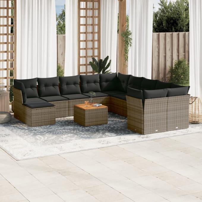 vidaXL - 12-delige - Loungeset - met - kussens - poly - rattan - grijs