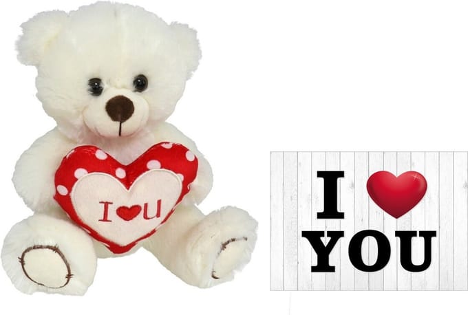 Pluche knuffelbeer met I Love hartje - wit/rood - 20 cm - inc. wenskaart