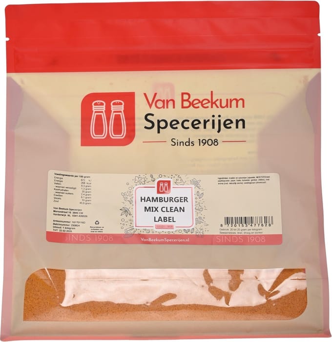 Van Beekum Specerijen - Hamburger Mix Clean Label - 1 KG (hersluitbare stazak)