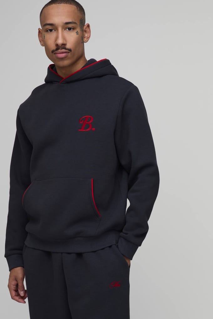 Regular B Geborduurd Hoodie & Oversized Jogger Trainingspak Met Bies | Charcoal | Size Medium