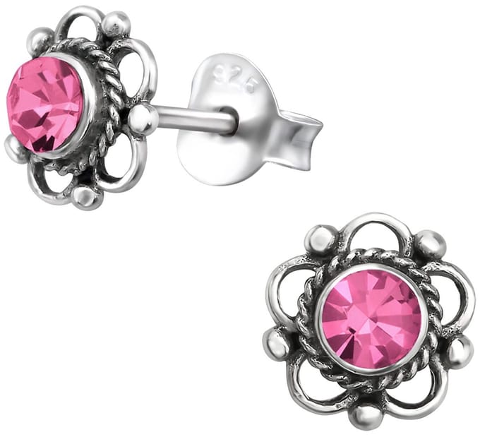 Joy|S - Zilveren Bali bloem oorbellen - 7 mm - roze kristal - geoxideerd