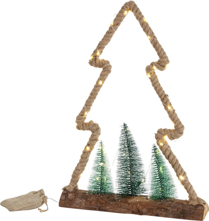 ECD Germany LED jute boom met LED verlichting, 35x6,5x45 cm, decoratieve kerstboom met 45 warm witte LED's, 3 dennenbomen, jute zak, werkt op batterijen & timer 6 uur, indoor kerstdecoratie