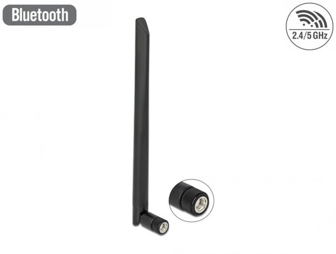 Delock WLAN 802.11 a/ax/a/b/g/n Antenna RP-SMA plug 5 dBi 20 cm omnidirectional with tilt joint flexible and rubber surface black