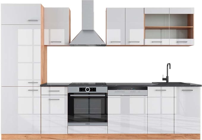 Vicco R-Line Complete keukeneenheid – 300 cm, WB Antraciet Wit hoogglans/goud power eiken