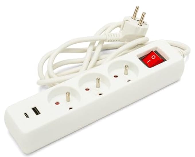 Frans stopcontact met 3 uitgangen en 2 USB-aansluitingen, 1,5 m kabel