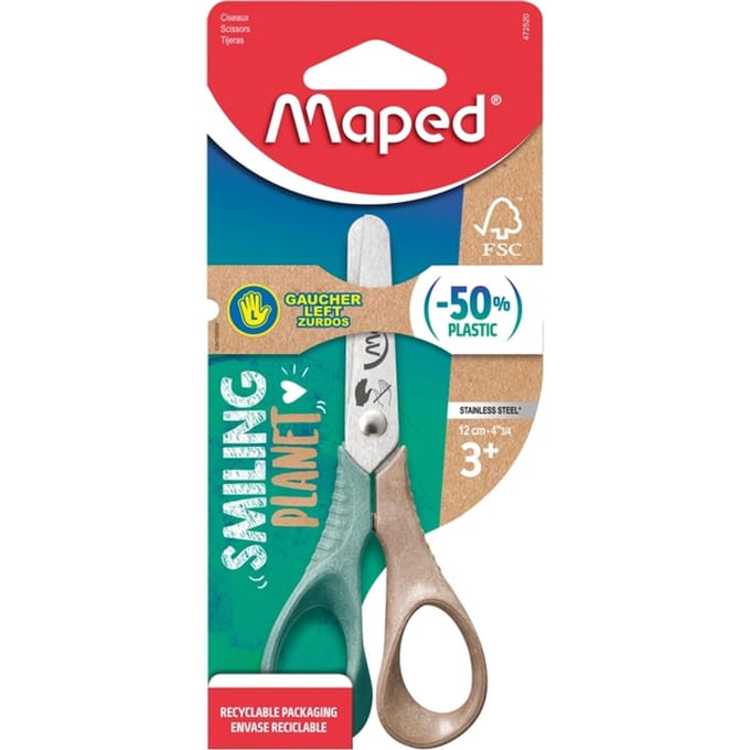 Kinderschaar Maped Smiling Planet 12cm linkshandig bruin/groen