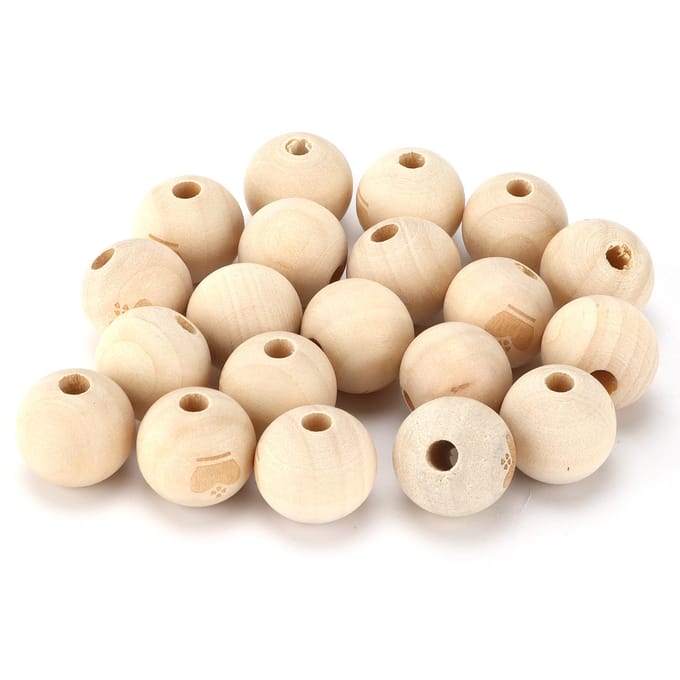 Lot de 20 perles rondes en bois à motifs mignons avec trou pour loisirs créatifs et graffitis beige