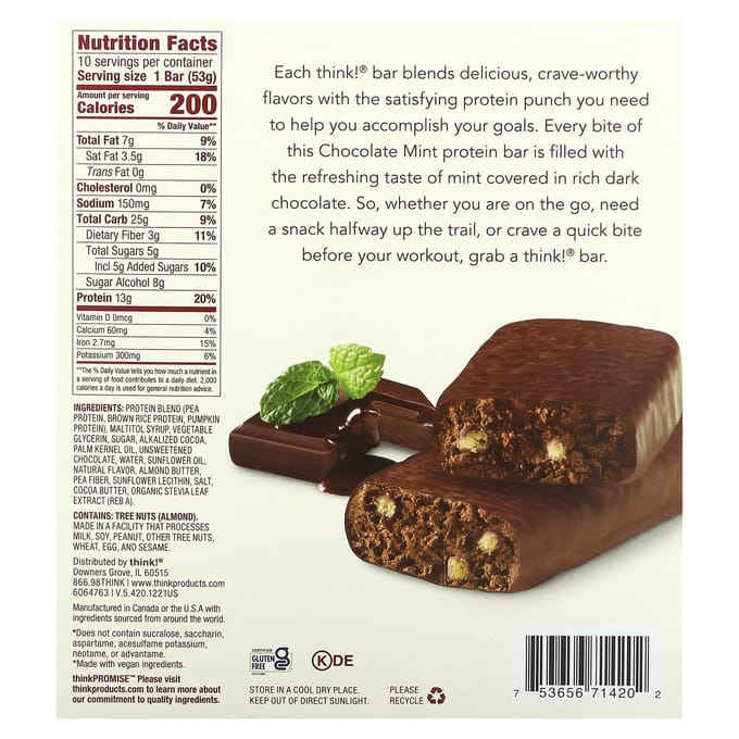 Pense!, Barre Protéinée, Chocolat Menthe, 10 barres, 1,86 oz (53 g) chaque