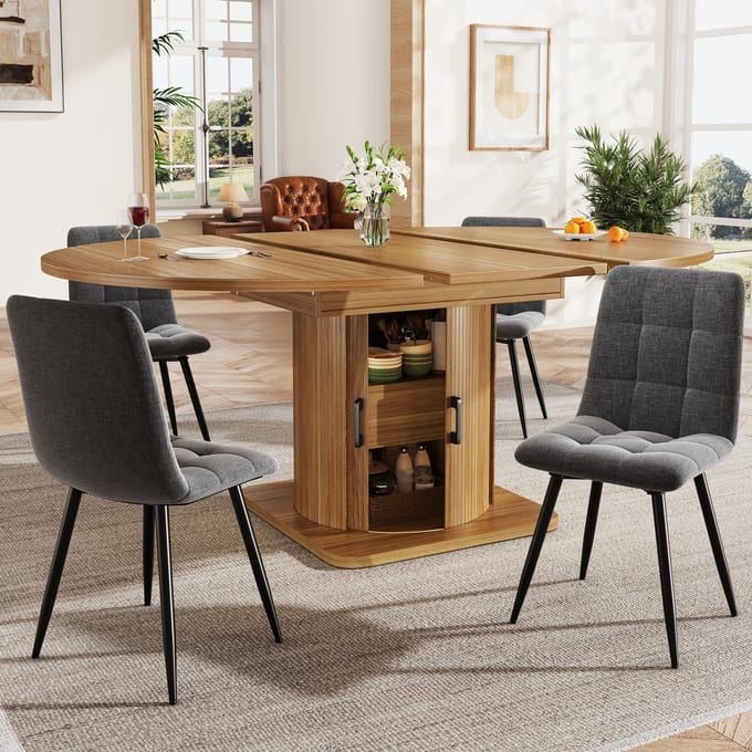 Eetkamerset - 5-delig - uitschuifbare tafel + 4 stoelen + lade - modern - MDF+stof - donkerbruin