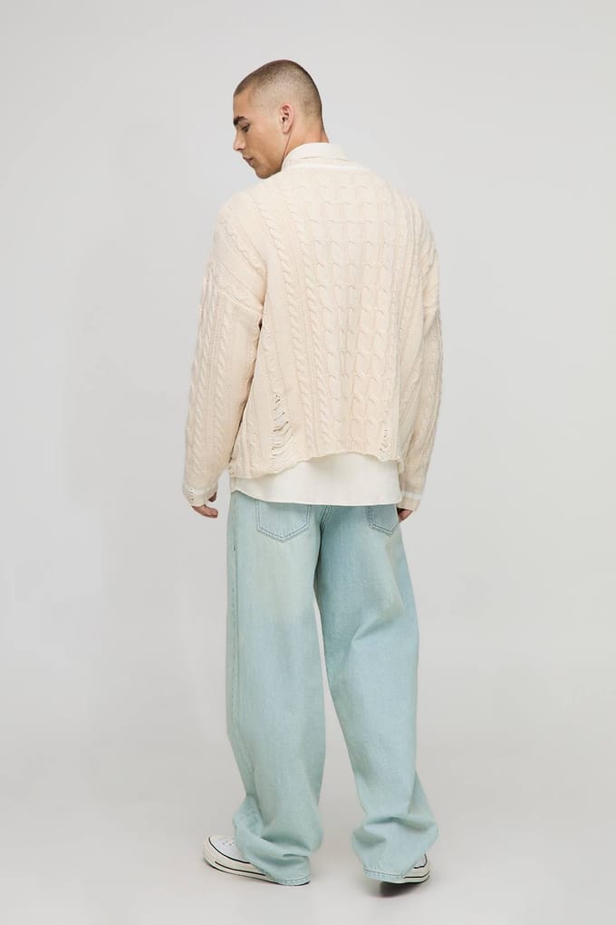 Boxy V Neck Cable Distressed Cricket Knitted Jumper | Ecru | Size Medium