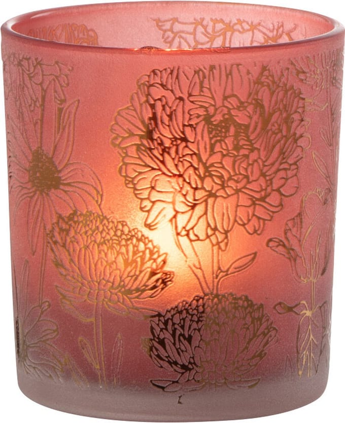 J-Line windlicht Bloemen - glas - rood/goud - small