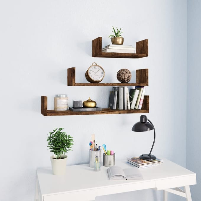 vidaXL - Wandschappen - 3 - st - bewerkt - hout - gerookt - eikenkleurig