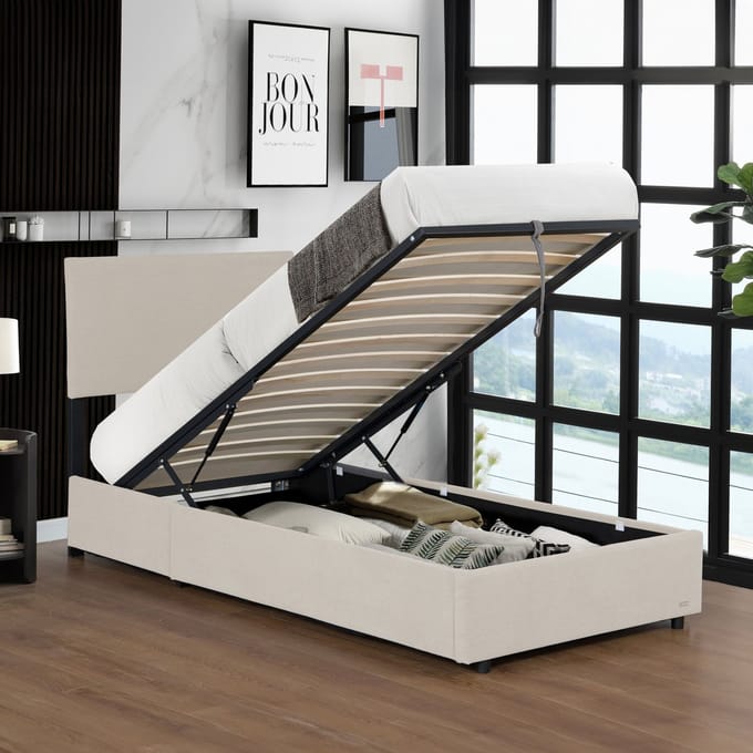 Eenpersoonsbed Juva met lattenbodem en opbergruimte 90x200 cm beige Corium