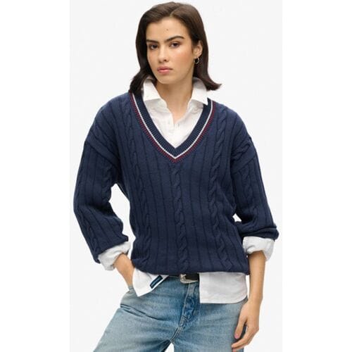 Superdry Oversized Gebreide Crickettrui met V-hals Blauw Grootte: 42-44