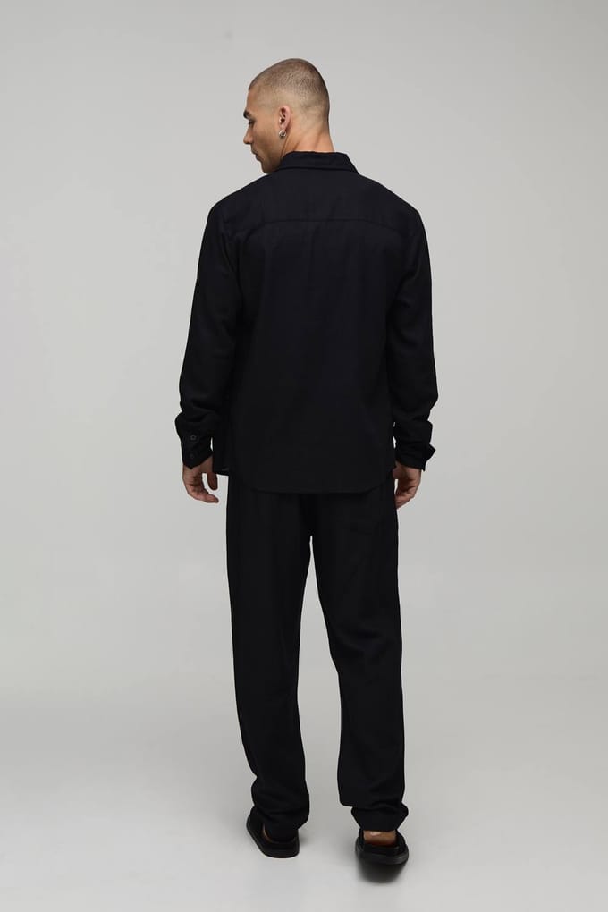 Slim Fit Half & Half Waist Linen Blend Trouser | Black | Size Large