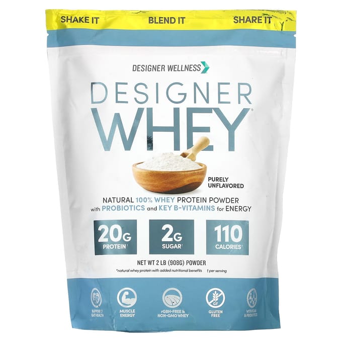 Designer Wellness, Designer Whey, protéine de lactosérum 100% naturelle, goût pur et sans arômes, 2 lbs (908 g)